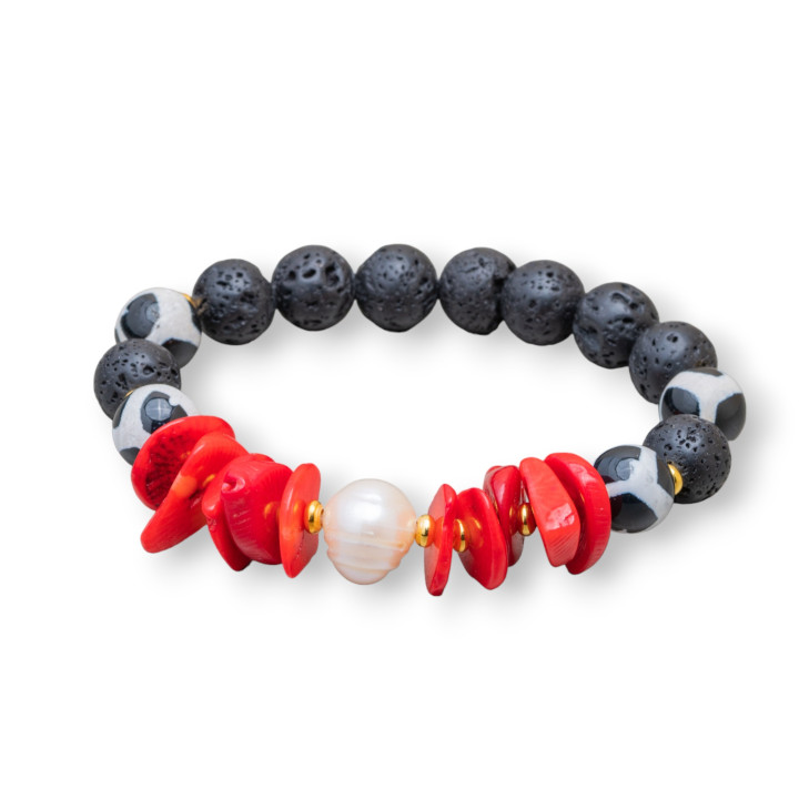 Bracelets En Pierre De Lave Avec Corail De Bambou Et Perles De 10-12mm Mod.Noir