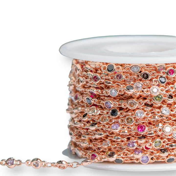 Brass Chain With Brilliant Cut Zircons Set 4mm 10 Meters Multicolor Rose Gold