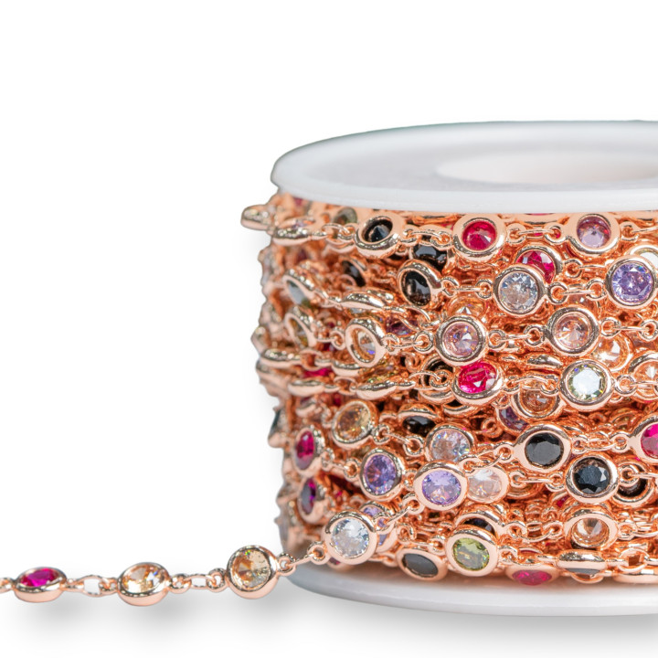 Messingkette mit Zirkonen im Brillantschliff, 5,5 mm, 10 Meter, Roségold, mehrfarbig