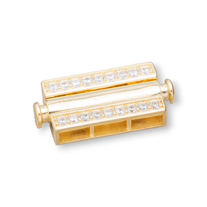 Fermoir Multi-rangs Argent 925 Avec Zircons Avec Mécanisme Bouton-Poussoir 12.5x25mm 1pc Doré