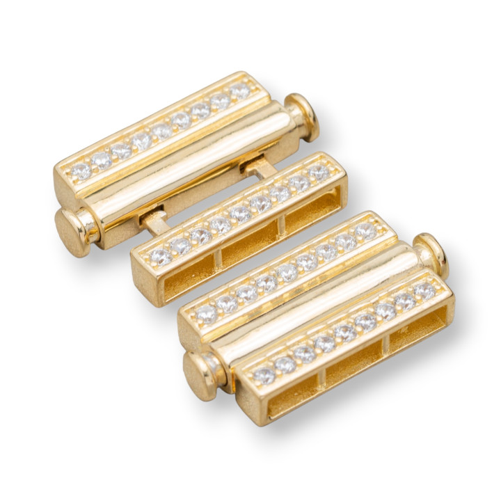 Multistrand 925 Silver Clasp With Zircons With Button Mechanism 12.5x35mm 1pc Golden