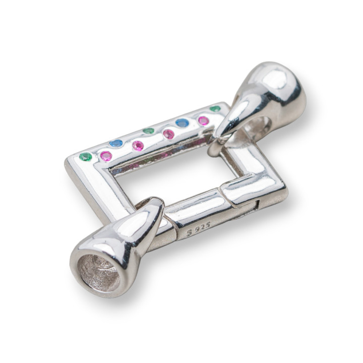 Fermoir Rectangle Pression Argent 925 14x36mm Avec Coupe 7mm Avec Points Lumineux 1pc Rhodium