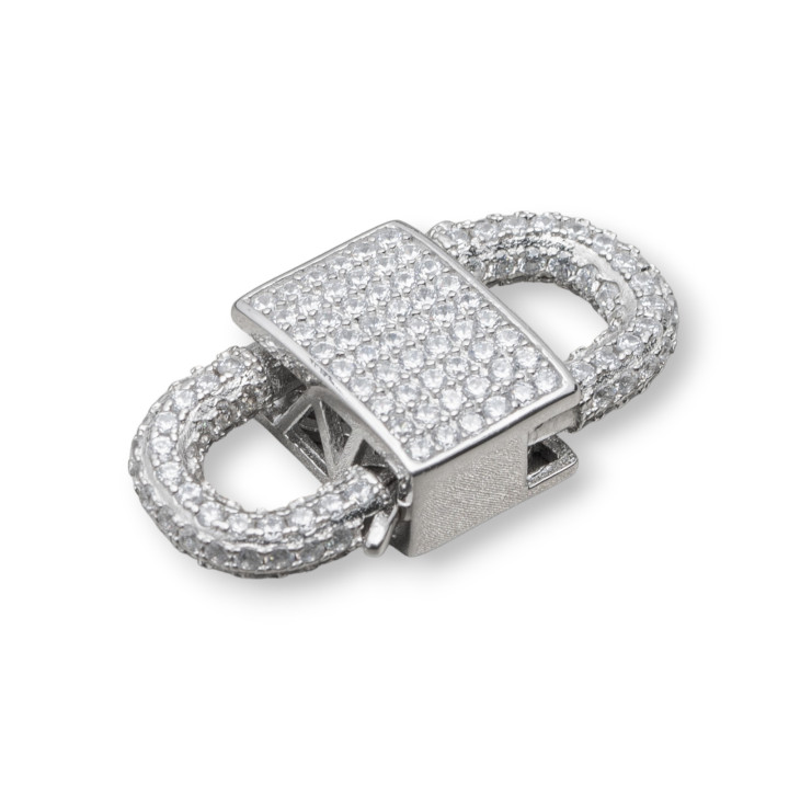 Double Hook Closure Of 925 Silver With Micropave' Zircons 14x28mm 1pc Rhodium Plated