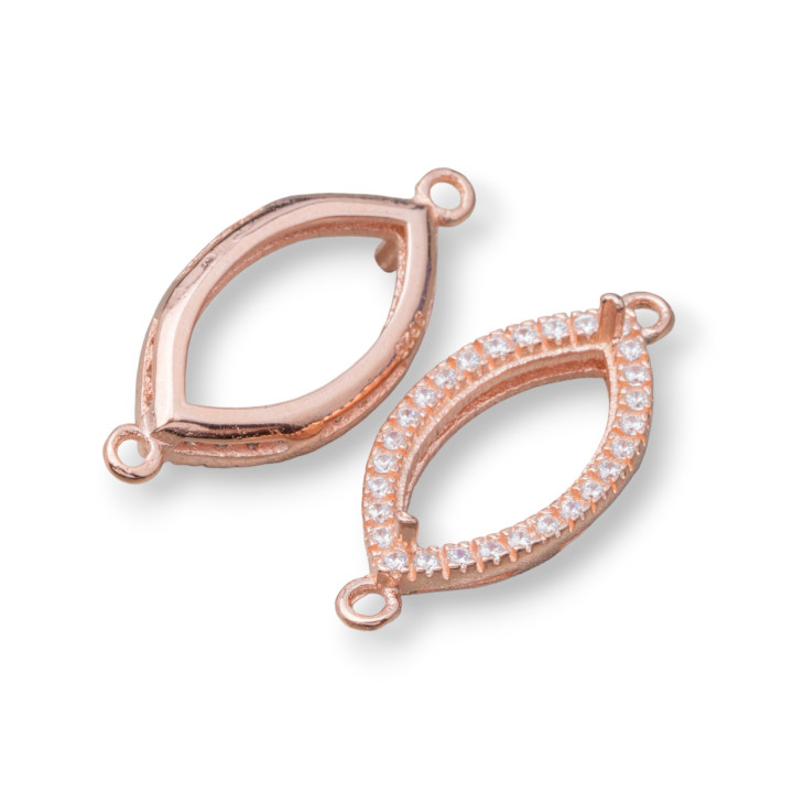 Composant Lunette Argent 925 Connecteur Avec Navette Zircons 10x22mm Intérieur 7x13mm 6pcs Or Rose