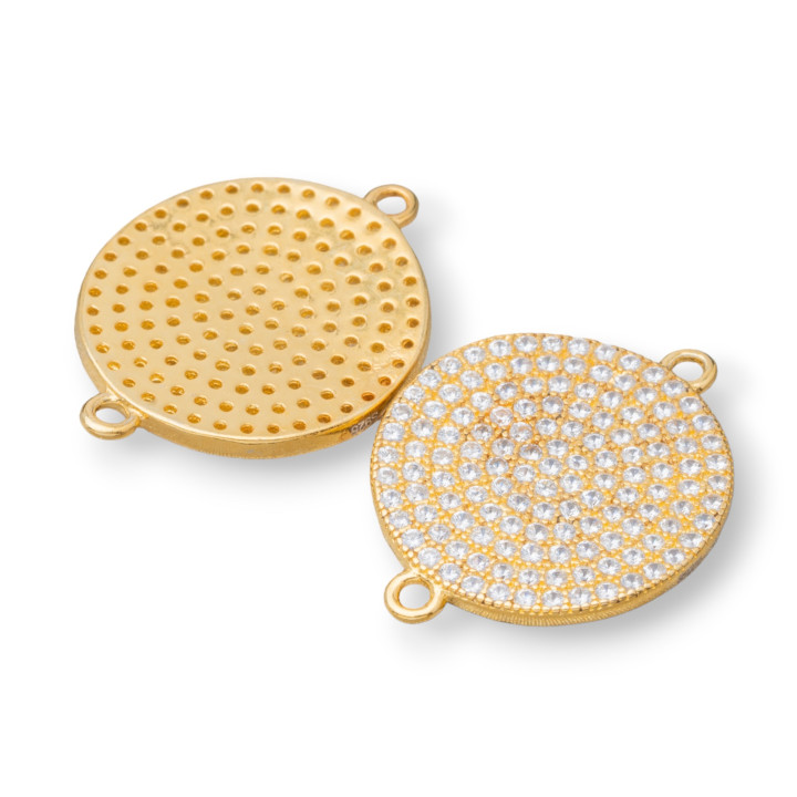 Connector Component Of 925 Silver With Zircons Round Coin With 2 Rings 15mm 4pcs Golden
