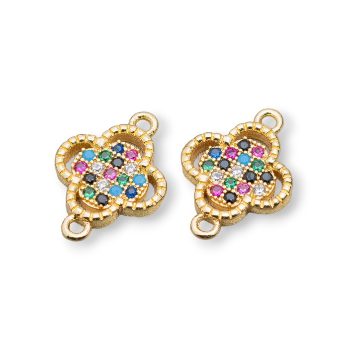 Bronze Connector Component With Multicolor Zircons Pavé Four-Leaf Clover Bordered With Two Rings 10x14mm 15pcs