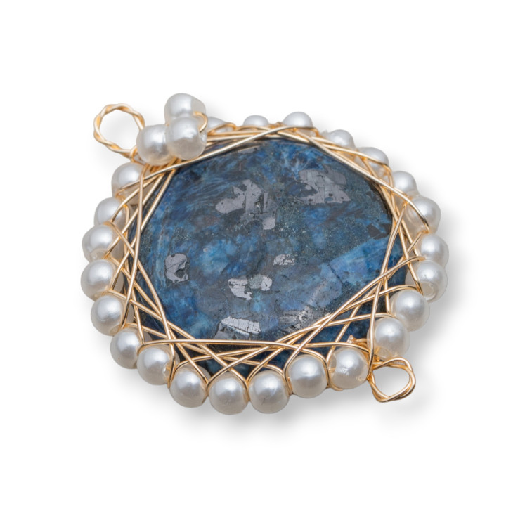 Componente Connettore Di Pietre Con Ottone E Perline Intrecciate 6pz 24-26mm Diaspro Blu