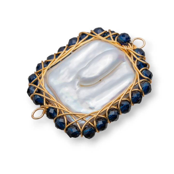 Component Of Freshwater Pearls With Intertwined Diamond Cut Stones 2pcs 24x30mm Blue