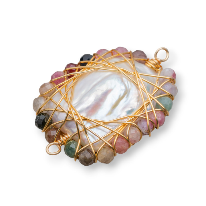 Componente de perlas de río con piedras de corte de diamante entrelazadas 2 piezas 24x30 mm turmalina