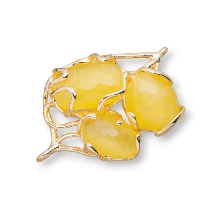 Componente Intramezzo Di Bronzo Con Occhio Di Gatto 3 Pietre 32x50mm 1pz Giallo