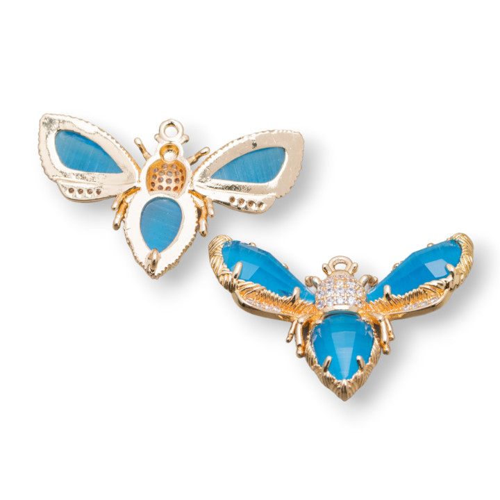 Composant Intermédiaire Bronze Avec Abeille Oeil De Chat 32x20mm 4pcs Bleu Clair