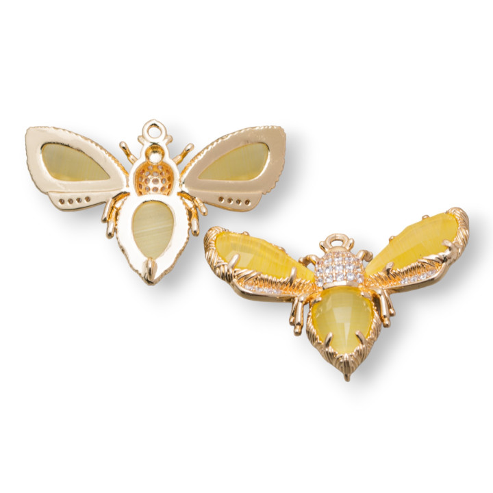 Composant Intermédiaire Bronze Avec Abeille Cat Eye 32x20mm 4pcs Jaune