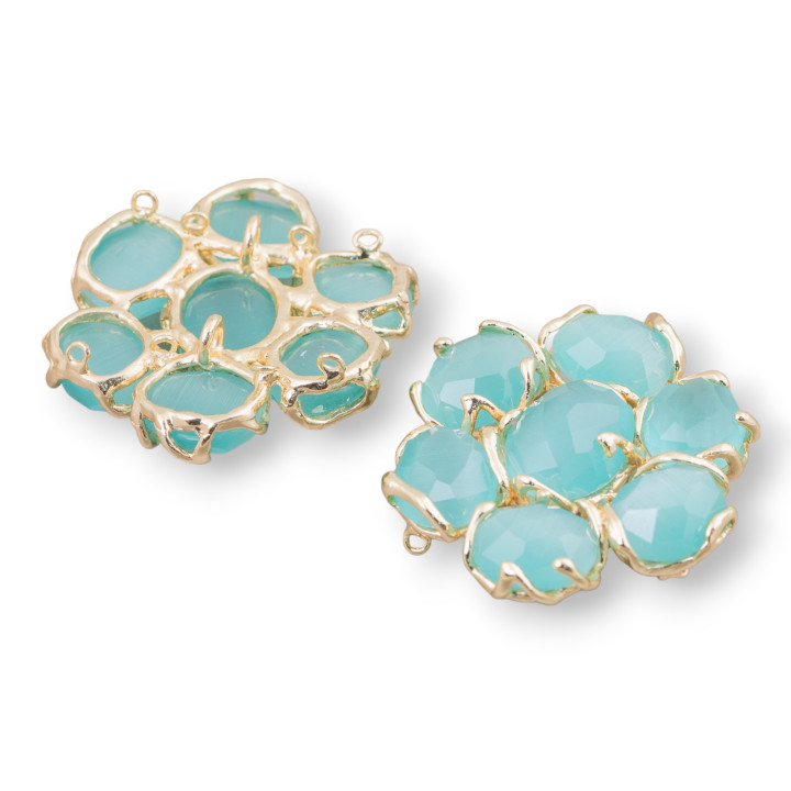 Brass Intermediate Component With 7 Cat's Eye Cabochons 1pc Aqua