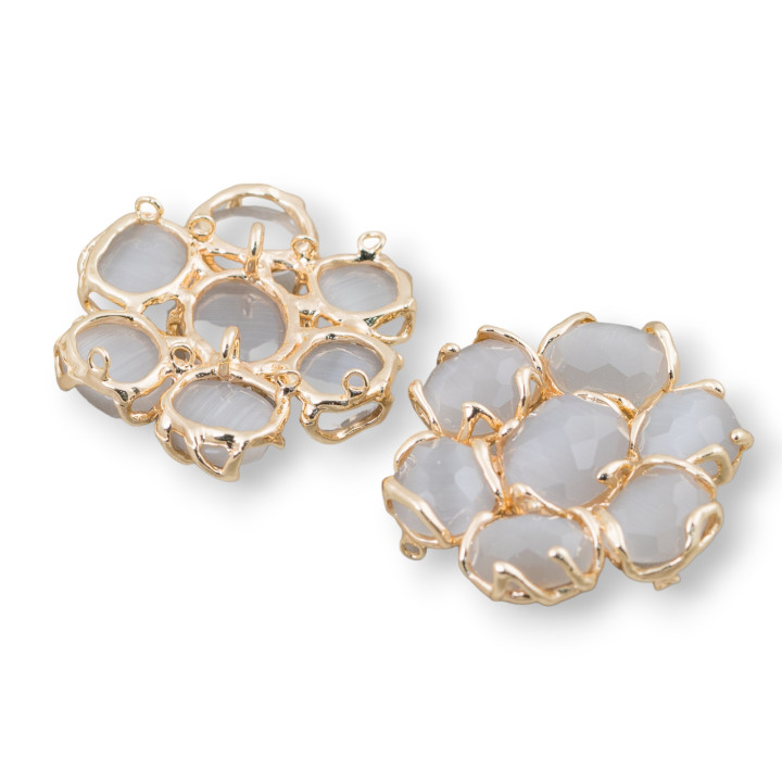 Brass Intermediate Component with 7 Cat's Eye Cabochons 1pc Gray