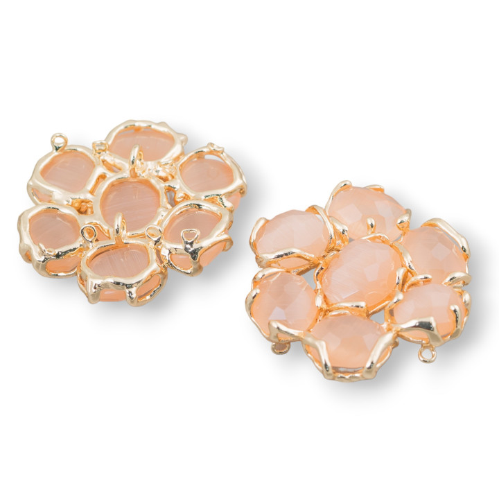 Brass Intermediate Component With 7 Cat's Eye Cabochons 1pc Peach