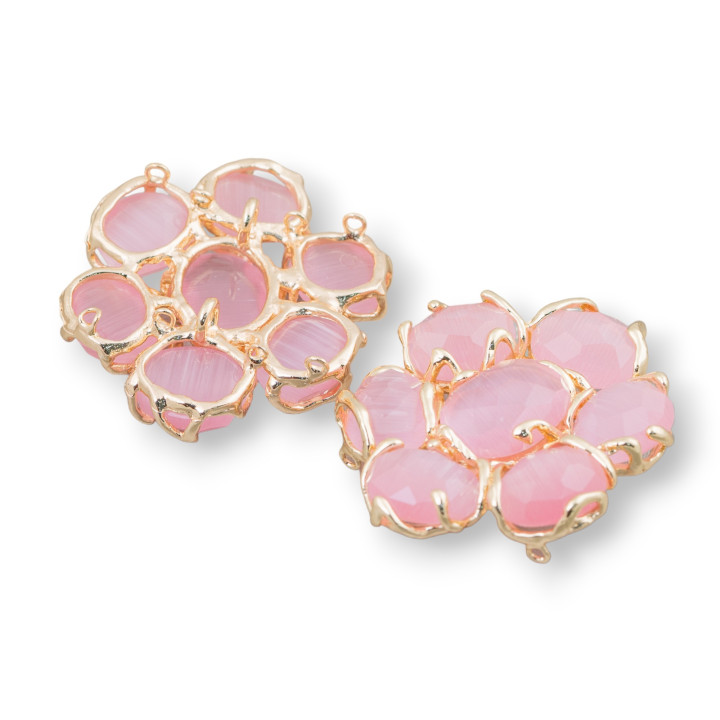 Pieza tipo sándwich de latón con 7 cabujones de ojo de gato 1 pieza rosa