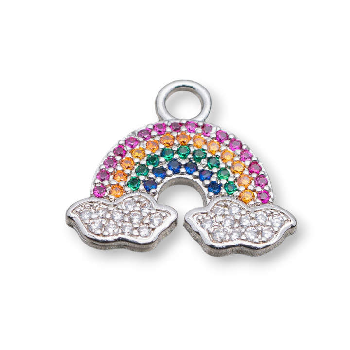Componente Colgante Bronce Con Zirconia Cúbica Multicolor Arco Iris Pavé Con Nubes 17x19mm 10pz Rodio