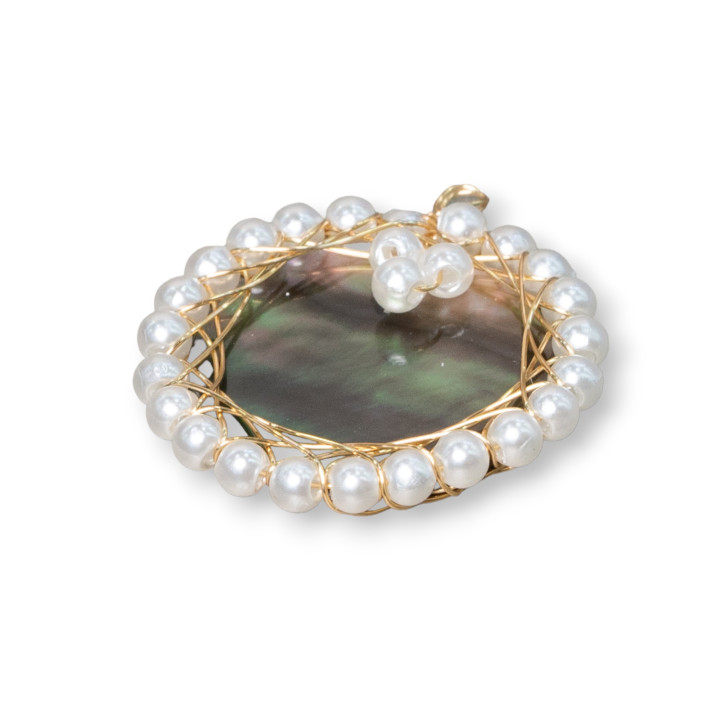 Komponente Anhänger Messing mit Perlmutt mit verschlungenen Perlen 26mm 10St Golden