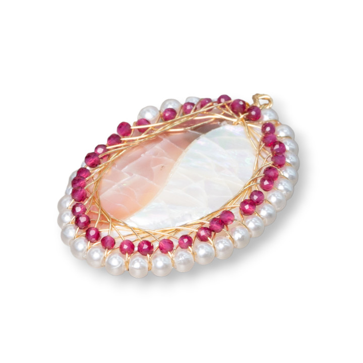 Composant Pendentif Laiton Avec Nacre Mosaïque Avec Perles Et Zircons Ovale 28x42mm