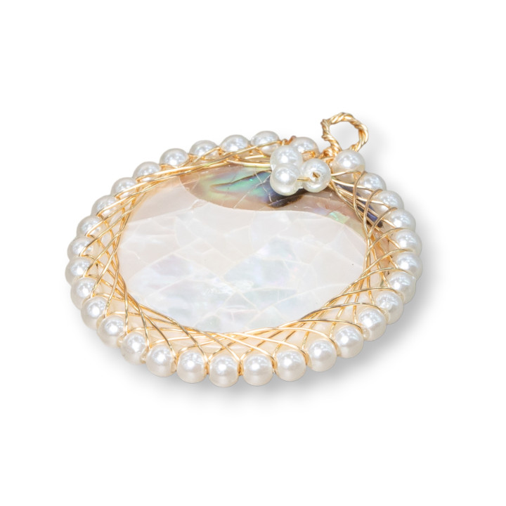 Composant Pendentif Laiton Avec Mosaïque De Nacre Avec Perles Rondes 32mm