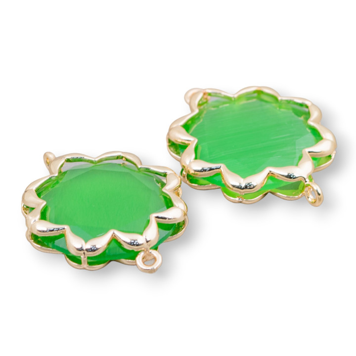 Brass Component Connector with Cat's Eye Morning Star 25mm 4pcs Green