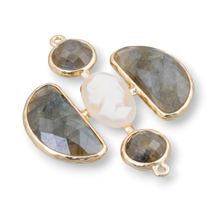 Brass Component Connector With Cross-Set Stones With Cameo And 2 Rings 36x43mm 1pc Labradorite
