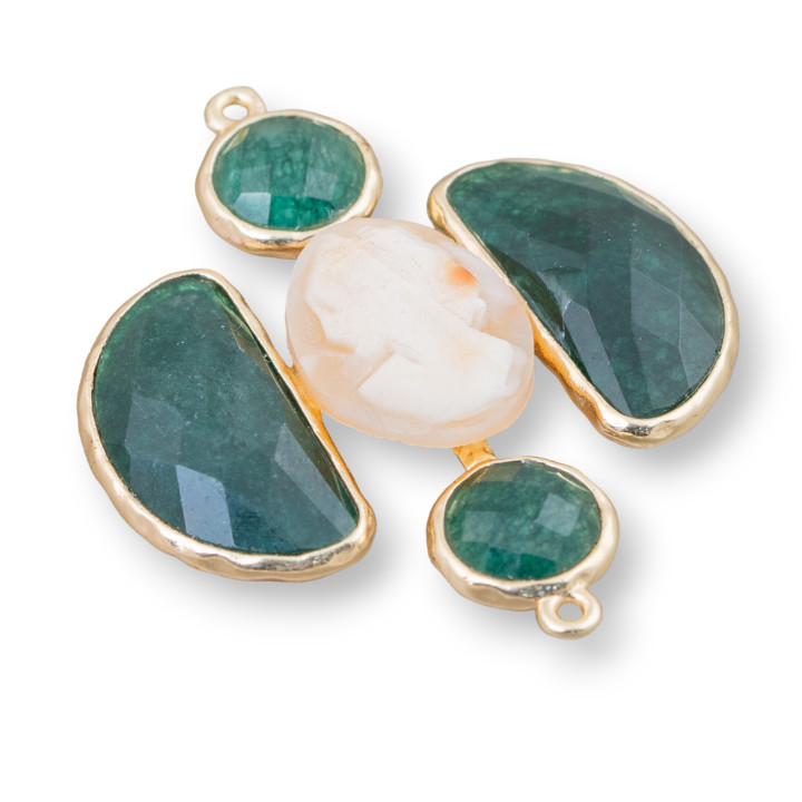 Conector Componente De Latón Con Piedras Cruzadas Con Camafeo Y 2 Anillos 36x43mm 1pc Verde