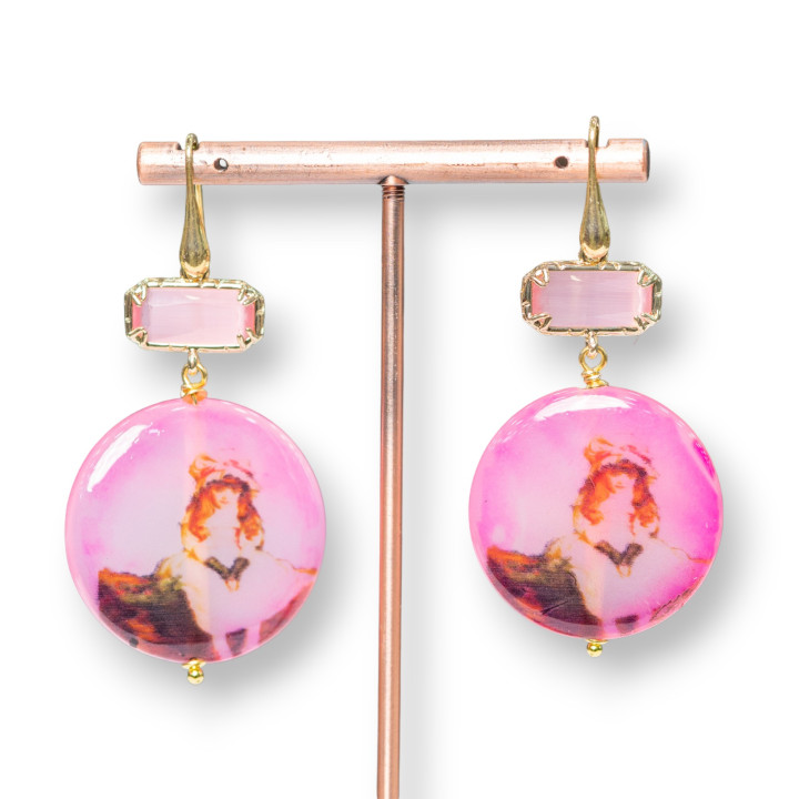 Boucles d'oreilles crochet en argent 925 avec oeil de chat bordé et agate pantographiée 30x60mm MOD2