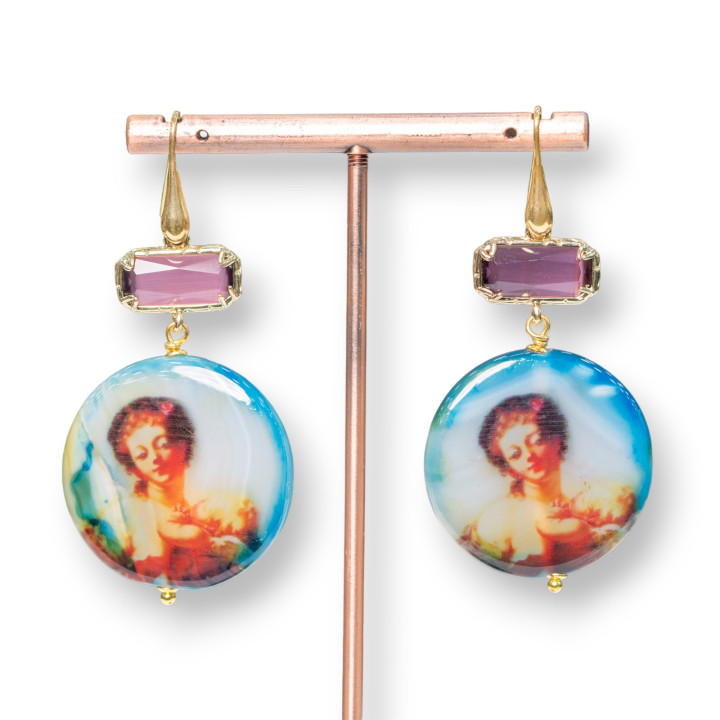 Boucles d'oreilles crochet en argent 925 avec oeil de chat bordé et agate pantographiée 30x60mm MOD3