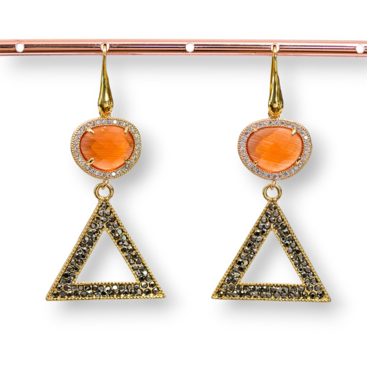 Pendientes Gancho De Plata De Ley 925 Con Ojo De Gato Y Bronce Con Marcasita Strass 28x60mm Naranja