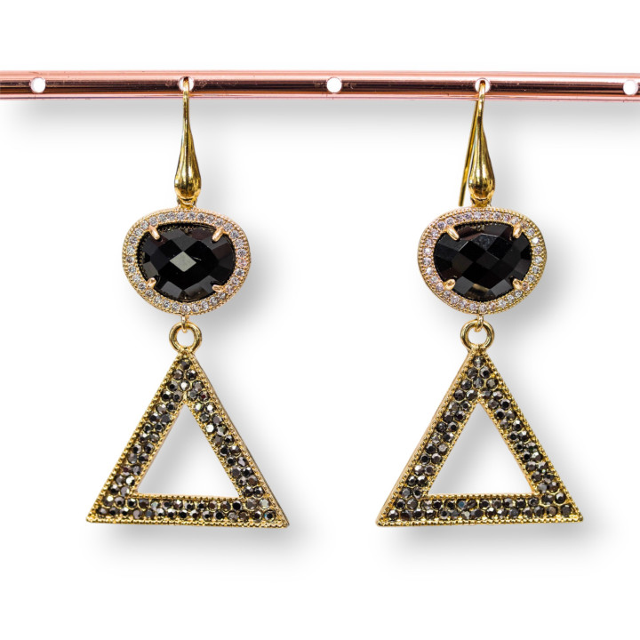 Orecchini A Monachella Di Argento 925 Con Occhio Di Gatto E Bronzo Con Marcasite Strass 28x60mm Nero