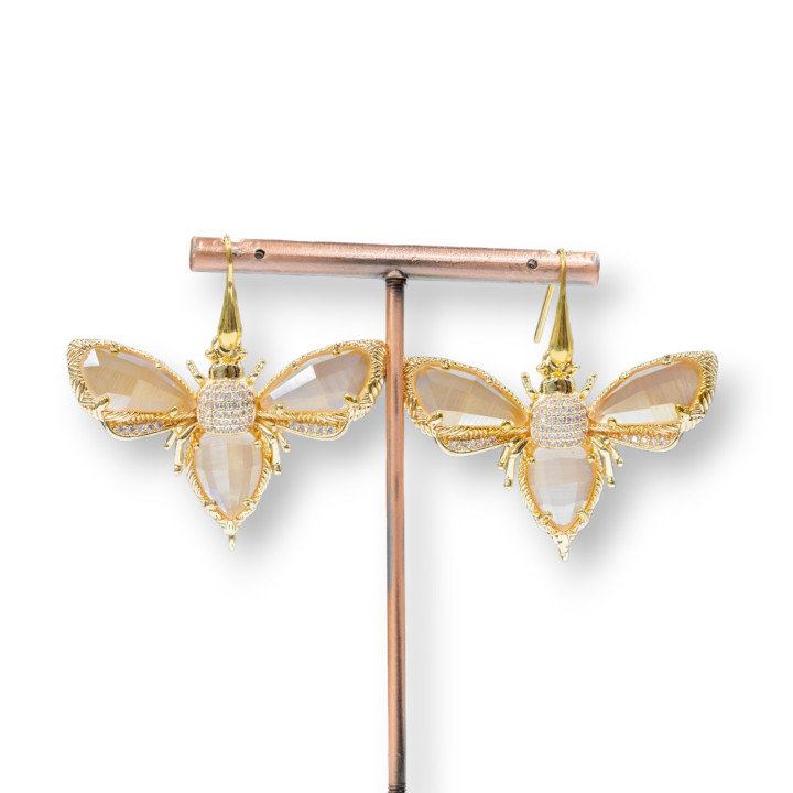 925 Silver Hook Earrings With Bronze Butterflies And Cat's Eye 45mm Peach