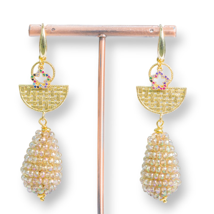 Boucles D'oreilles Crochet Argent 925 Avec Gouttes Bronze Et Cristaux 20x70mm