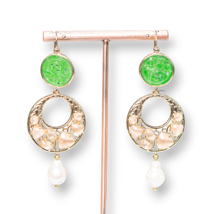 Pendientes Gancho Bronce Con Jade De Birmania Y Ojo De Gato Engastado Y Perlas De Río 28x75mm