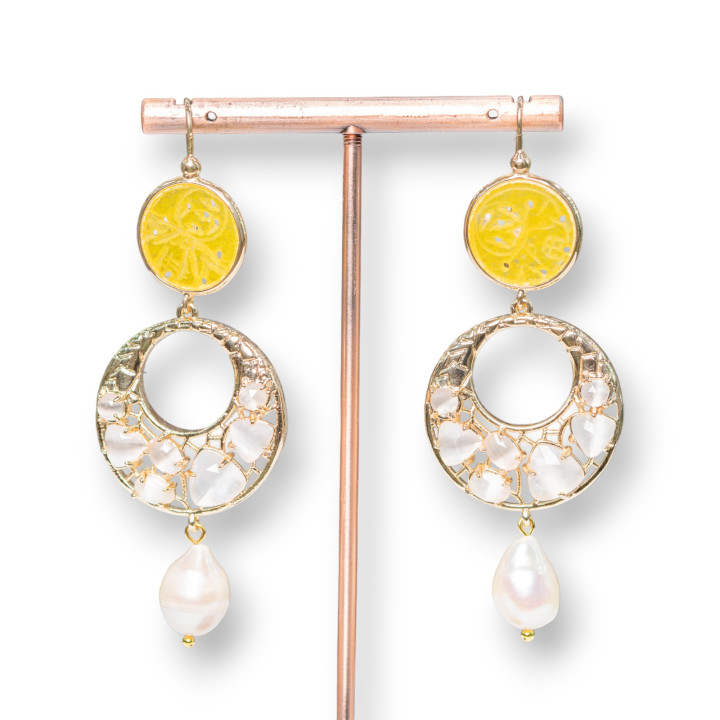 Orecchini A Monachella Di Bronzo Con Giada Burma E Occhio Di Gatto Incastonato E Perle Di Fiume 28x75mm Giallo Bianco
