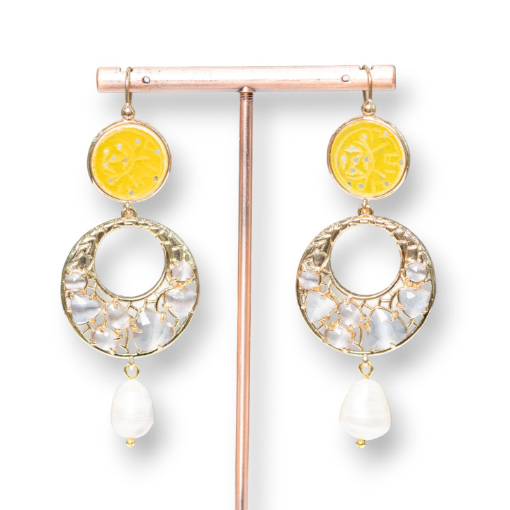 Bronze Lever Earrings With Burma Jade And Cat's Eye Set And River Pearls 28x75mm Yellow Gray