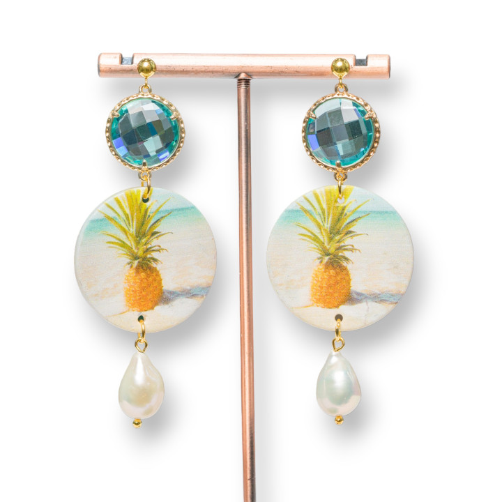 Boucles d'oreilles en argent sterling 925 avec nacre imprimée centrale et gouttes de pierres précieuses 30x77mm MOD8