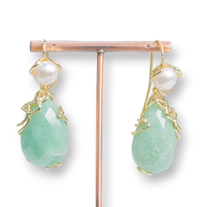 Boucles D'oreilles Crochet Bronze Perles De Rivière Et Pendentif Cabochon Facette Aventurine Verte 22x48mm