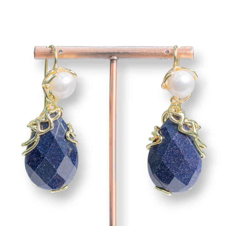 Pendientes de gancho de bronce con perlas de río y colgante de cabujón facetado 22x48 mm Piedra de arena azul