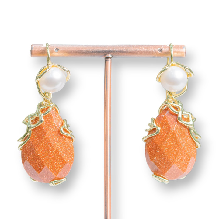 Hakenohrringe aus Bronze mit Flussperlen und 22 x 48 mm facettiertem Sandstein-Cabochon-Anhänger