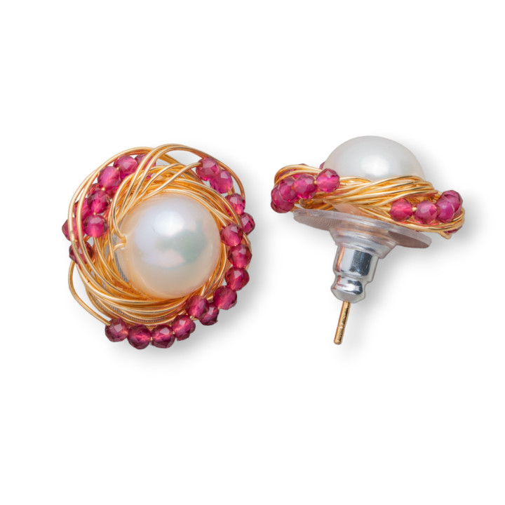 Orecchini A Perno Di Argento 925 Con Bronzo Perle Di Fiume E Zirconi 16mm 2 Paia