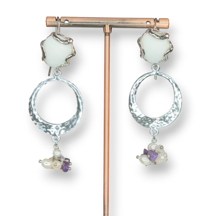 Bronze Hook Earrings With Set Cat's Eye And Pendant Of Stones And Pearls MOD3