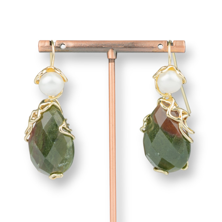 Bronze Hook Earrings with River Pearls and Faceted Cabochon Pendant 22x48mm Indian Musk Agate