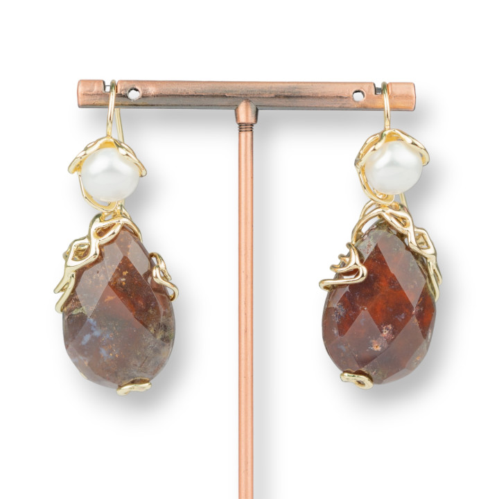 Boucles D'oreilles Crochet En Bronze Avec Perles De Rivière Et Pendentif Cabochon Facetté 22x48mm Agate Indienne Foncé