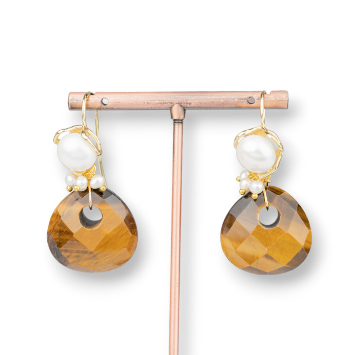 Pendientes de gancho de bronce con perlas de río y colgante de piedra dura de ojo de tigre de 25x50 mm