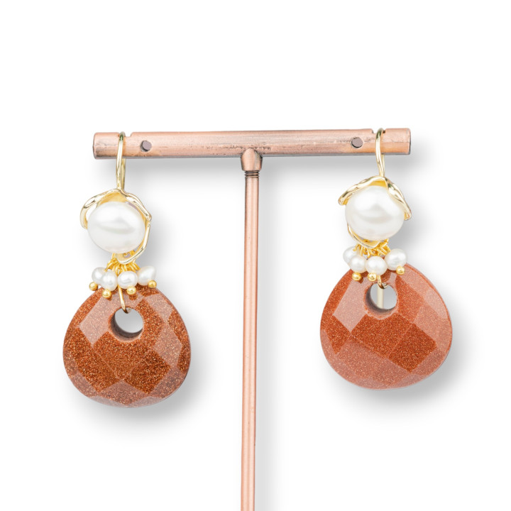 Boucles d'oreilles à crochet en bronze avec perles de rivière et pendentif en pierre dure 25x50 mm Pierre de soleil synthétique