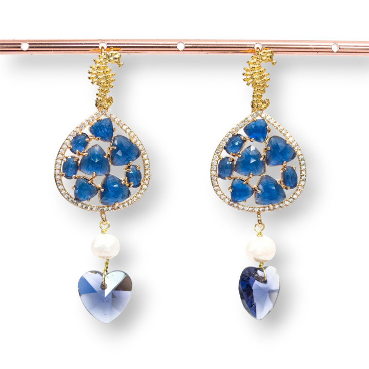 Boucles D'oreilles Tiges En Argent 925 Oeil De Chat Zircon Et Perles Bleues 25x70mm