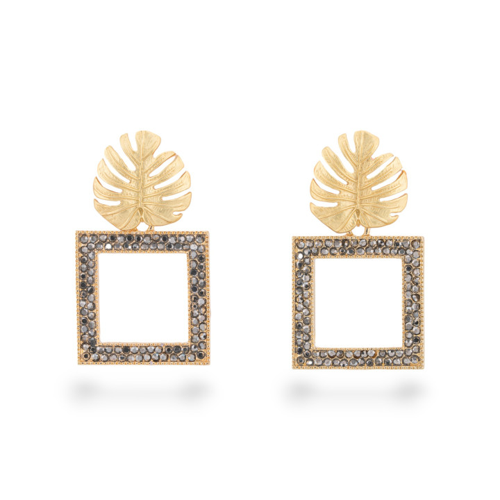 Boucles D'oreilles Tiges En Bronze Avec Marcassite Strass Élément Carré 25x44mm