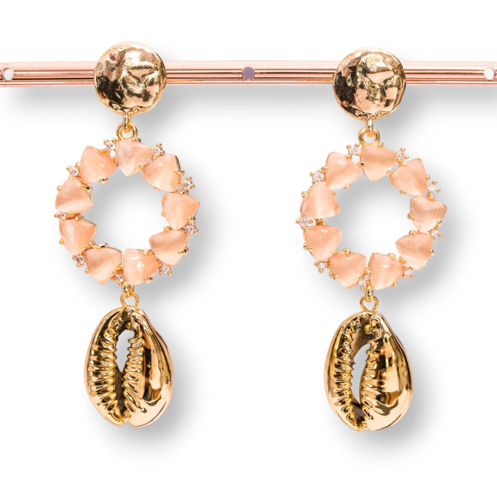 Aretes De Bronce Con Componente De Ojo De Gato Y Concha 24x64mm Chapado En Oro Melocotón