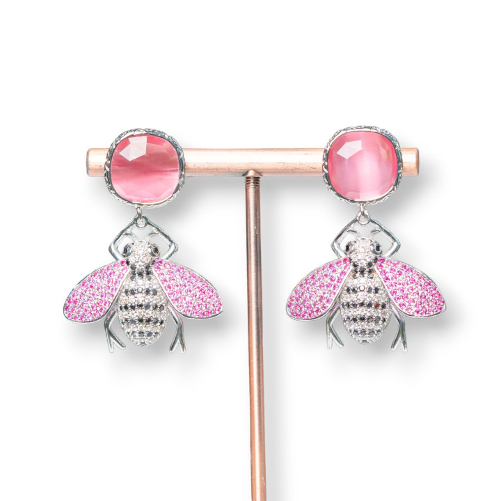 Pendientes Bolitas Ojo De Gato Y Abejas Bronce Con Circonitas Engastadas 30x40mm MOD6